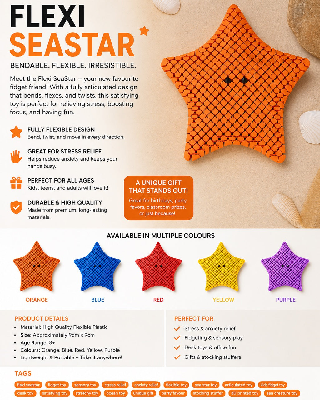 Cute Flexi Starfish Fidget Toy | Articulated 3D Printed Sea Star | Sensory Toy for Kids & Adults | Desk Companion Gift