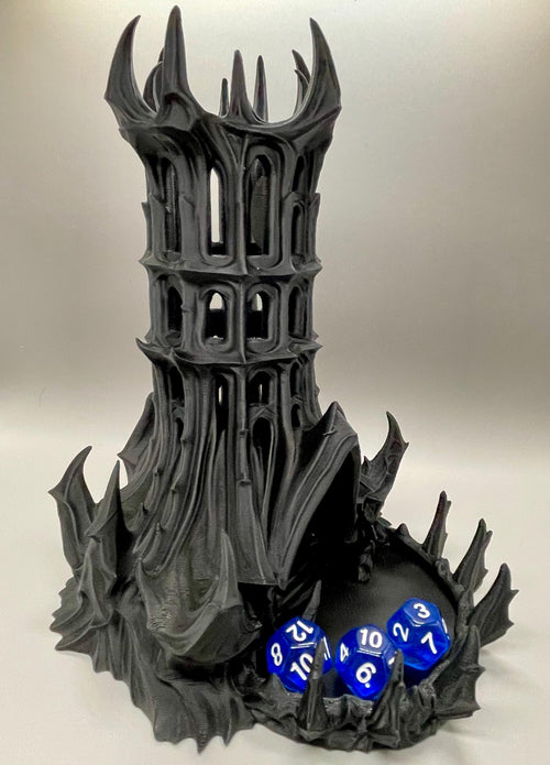 Dark, gothic-style tower with blue dice inside on a neutral background